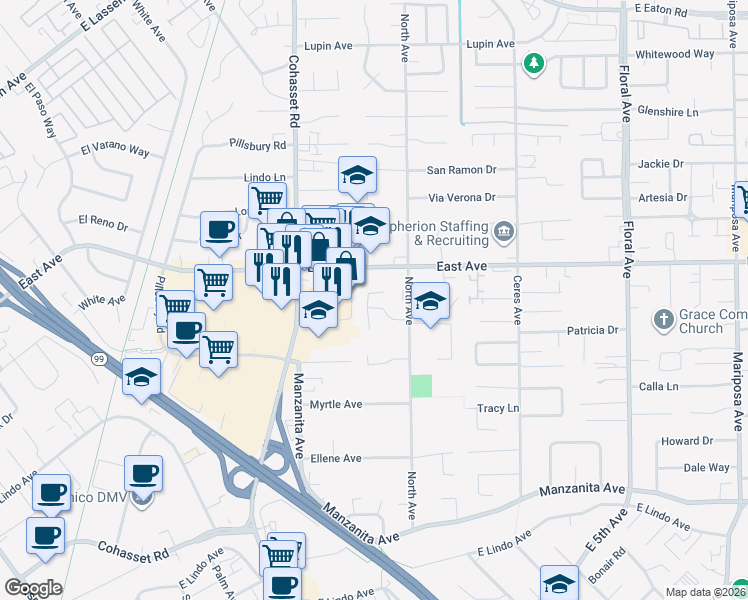 map of restaurants, bars, coffee shops, grocery stores, and more near 1 Cottage Circle in Chico