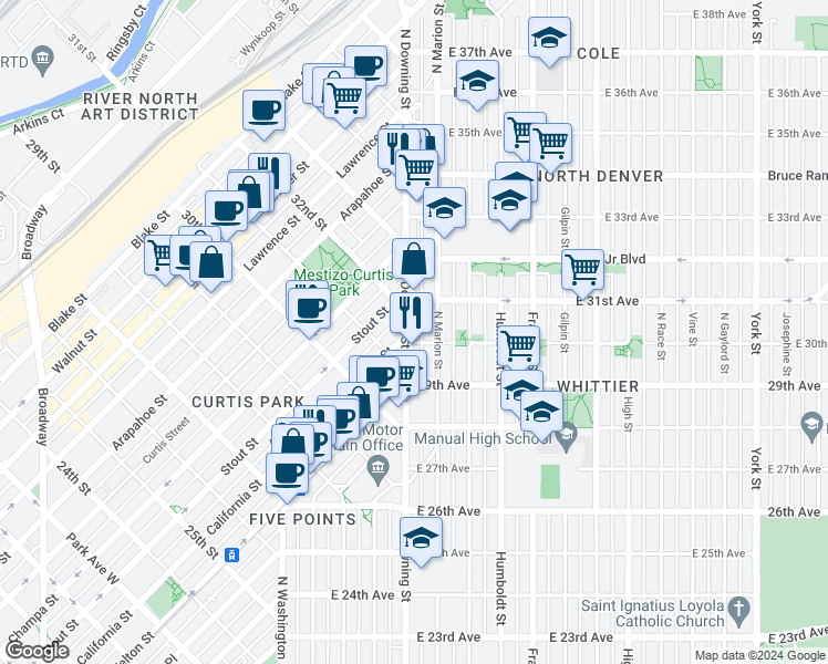 map of restaurants, bars, coffee shops, grocery stores, and more near 3090 North Downing Street in Denver