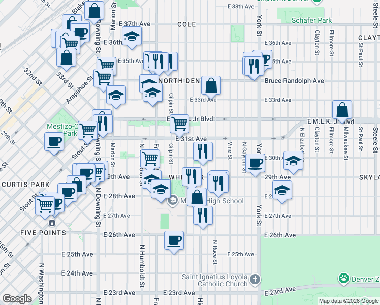 map of restaurants, bars, coffee shops, grocery stores, and more near 1810 East 31st Avenue in Denver