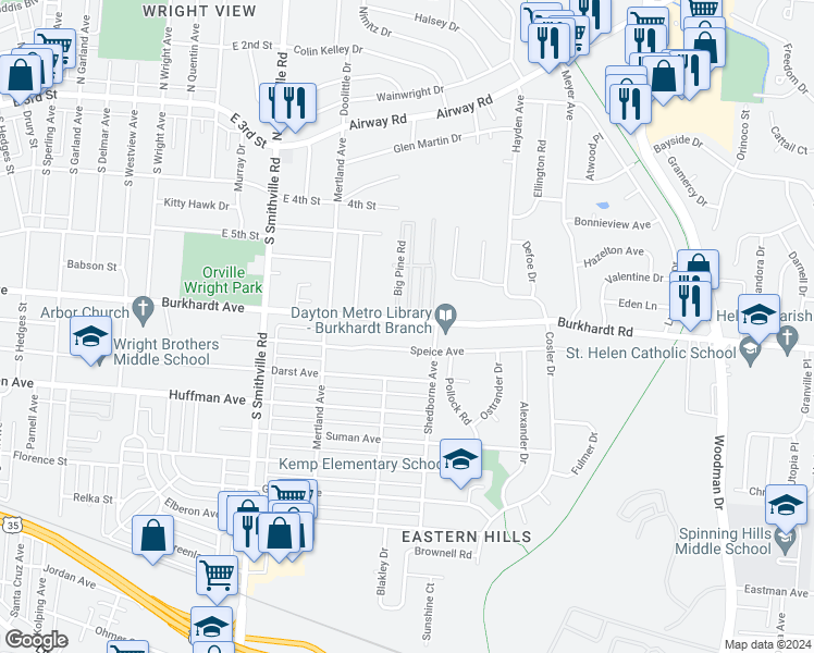 map of restaurants, bars, coffee shops, grocery stores, and more near 4664 Burkhardt Avenue in Dayton