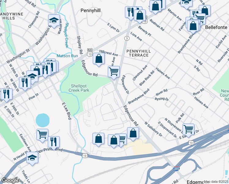 map of restaurants, bars, coffee shops, grocery stores, and more near 9105 Westview Road in Wilmington