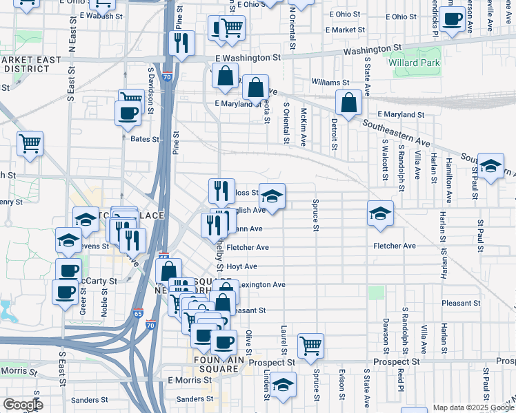 map of restaurants, bars, coffee shops, grocery stores, and more near 1222 Deloss Street in Indianapolis