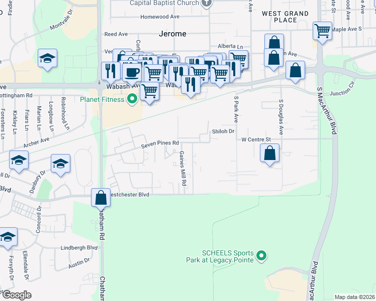 map of restaurants, bars, coffee shops, grocery stores, and more near 3310 Gaines Mill Road in Springfield