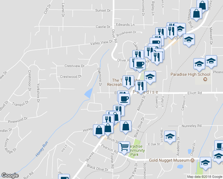 map of restaurants, bars, coffee shops, grocery stores, and more near 5882 Pine View Drive in Paradise