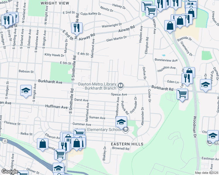 map of restaurants, bars, coffee shops, grocery stores, and more near 4654 Burkhardt Avenue in Dayton