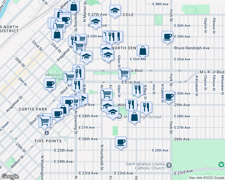 map of restaurants, bars, coffee shops, grocery stores, and more near in Denver