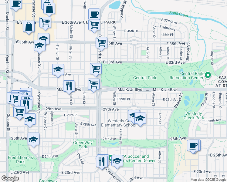 map of restaurants, bars, coffee shops, grocery stores, and more near 2999 Willow Street in Denver