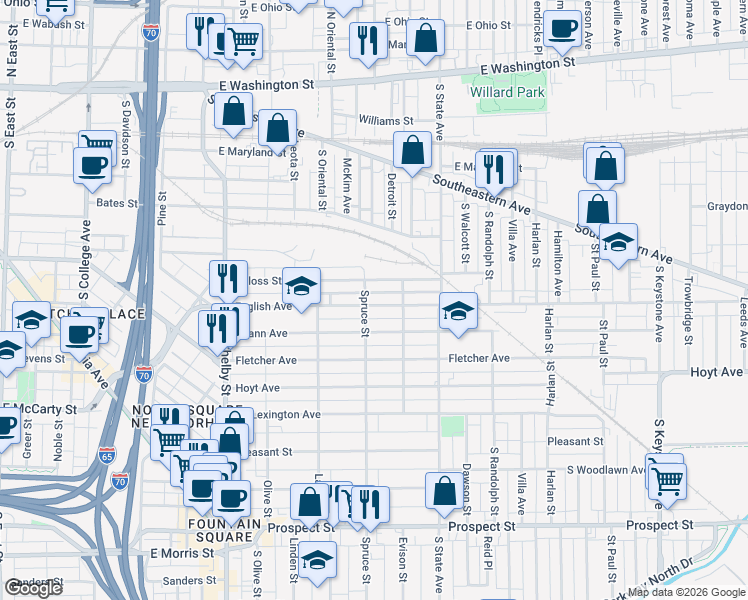 map of restaurants, bars, coffee shops, grocery stores, and more near 1531 Deloss Street in Indianapolis