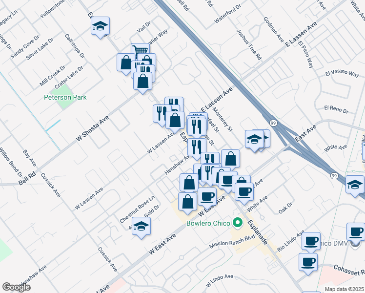 map of restaurants, bars, coffee shops, grocery stores, and more near 28 Hanover Lane in Chico