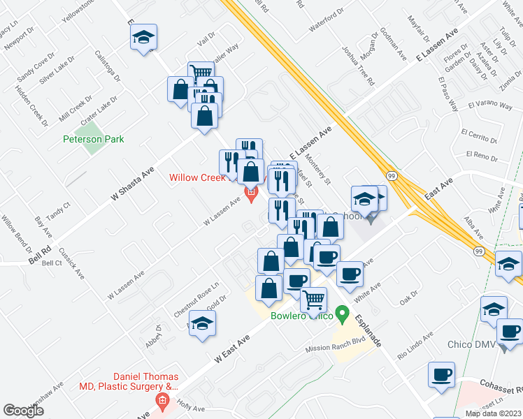 map of restaurants, bars, coffee shops, grocery stores, and more near 28 Hanover Lane in Chico