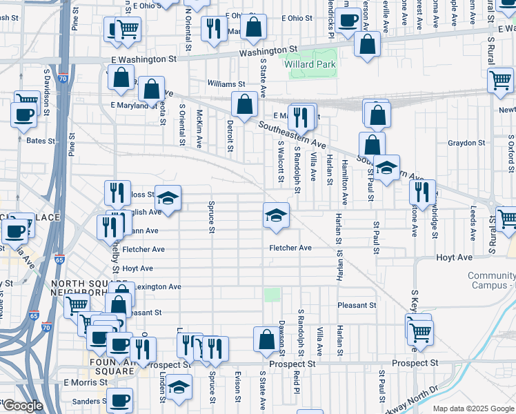 map of restaurants, bars, coffee shops, grocery stores, and more near 1646 English Avenue in Indianapolis