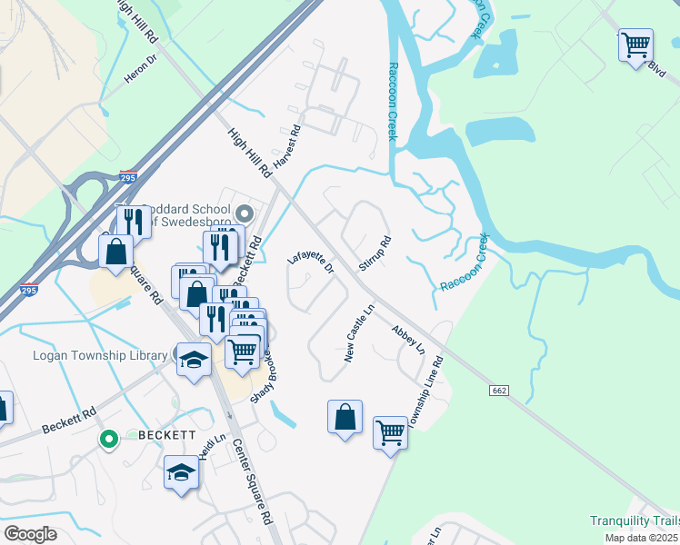 map of restaurants, bars, coffee shops, grocery stores, and more near 107 Lafayette Drive in Swedesboro