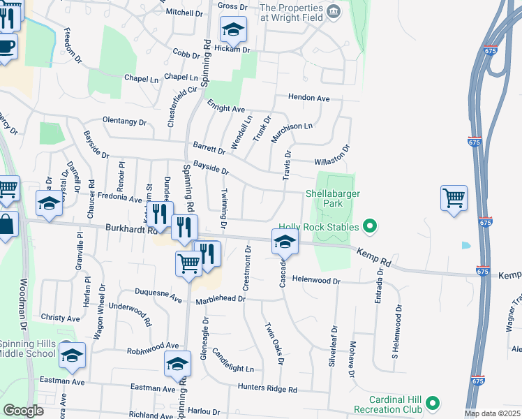 map of restaurants, bars, coffee shops, grocery stores, and more near 5748 Bayside Drive in Dayton