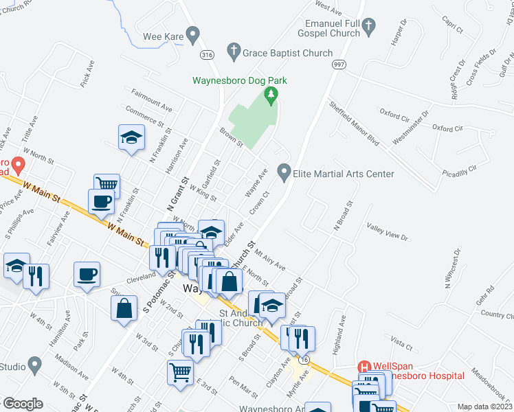 map of restaurants, bars, coffee shops, grocery stores, and more near Crown Court in Waynesboro