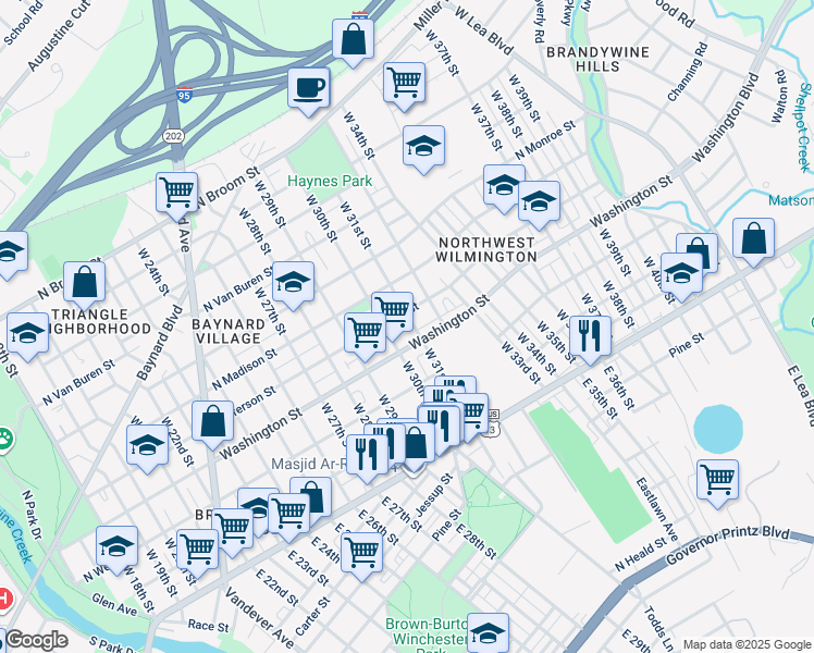 map of restaurants, bars, coffee shops, grocery stores, and more near 310 West 31st Street in Wilmington