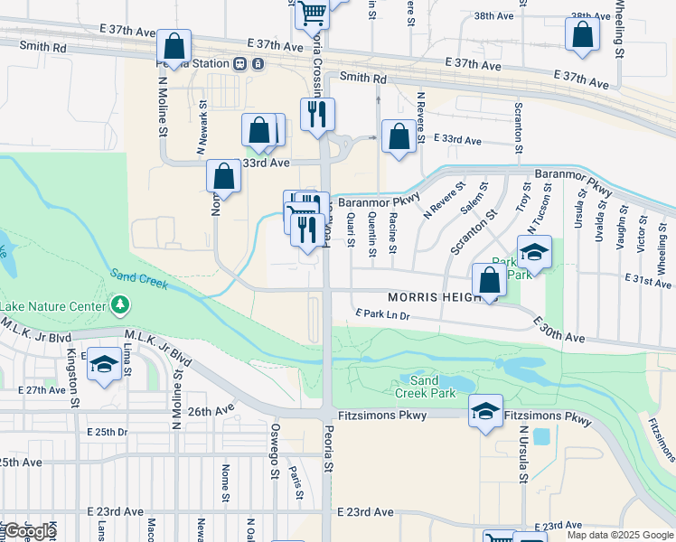 map of restaurants, bars, coffee shops, grocery stores, and more near 3083 Peoria St in Aurora