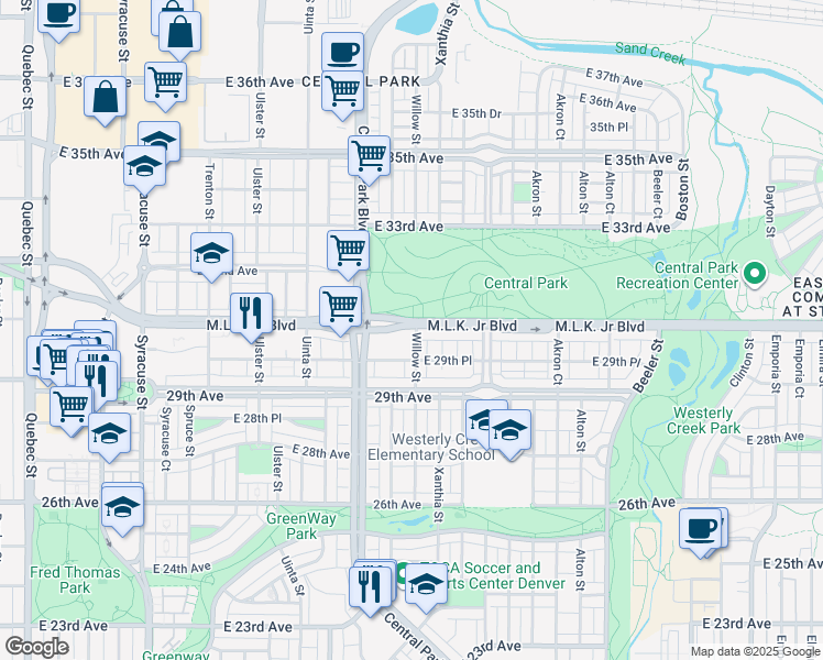map of restaurants, bars, coffee shops, grocery stores, and more near Martin Luther King Junior Boulevard in Denver