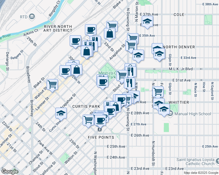 map of restaurants, bars, coffee shops, grocery stores, and more near 3096 Champa Street in Denver