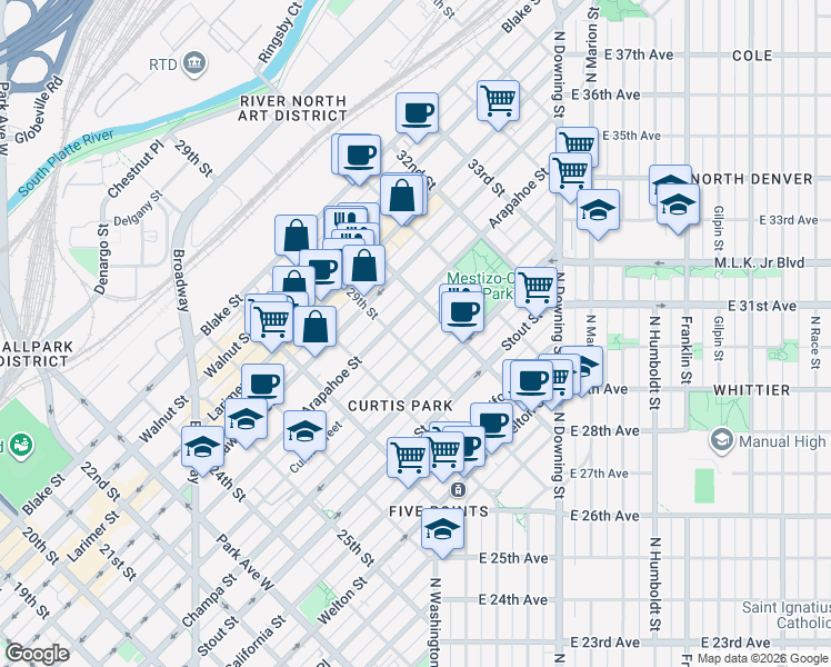map of restaurants, bars, coffee shops, grocery stores, and more near 2942 Arapahoe Street in Denver