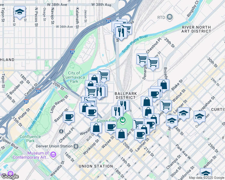 map of restaurants, bars, coffee shops, grocery stores, and more near 3056 Fox Street in Denver
