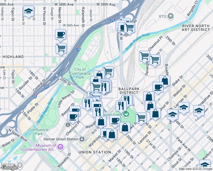 map of restaurants, bars, coffee shops, grocery stores, and more near 3030 Huron Street in Denver