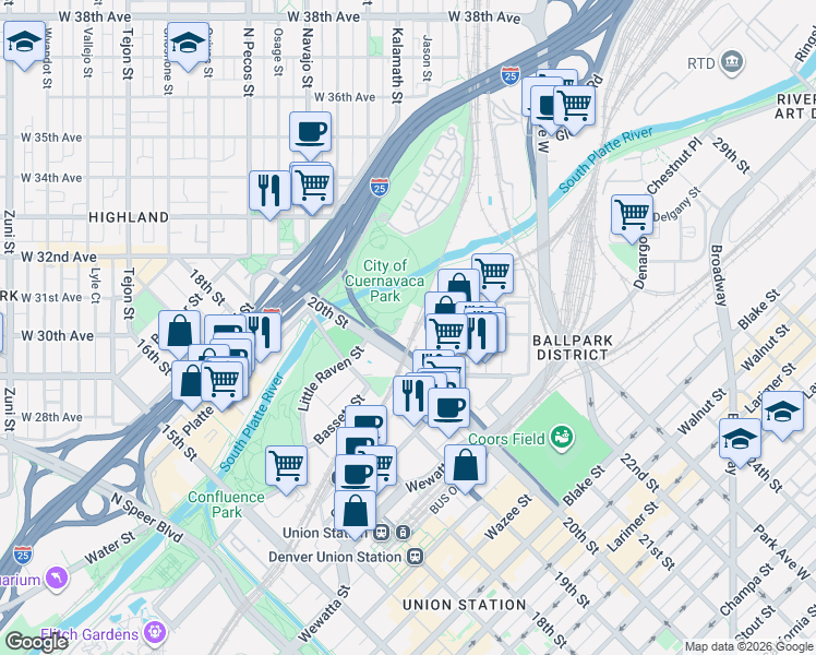 map of restaurants, bars, coffee shops, grocery stores, and more near 2000 Little Raven Street in Denver