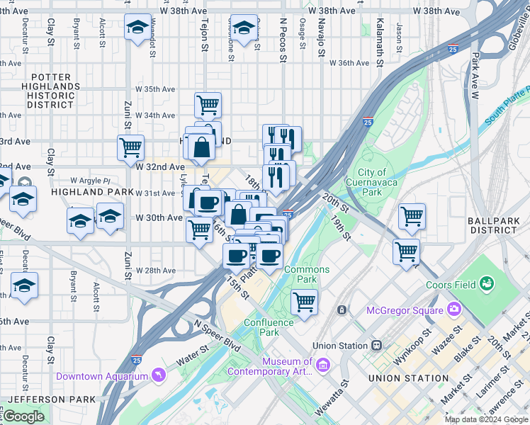 map of restaurants, bars, coffee shops, grocery stores, and more near 2520 18th Street in Denver