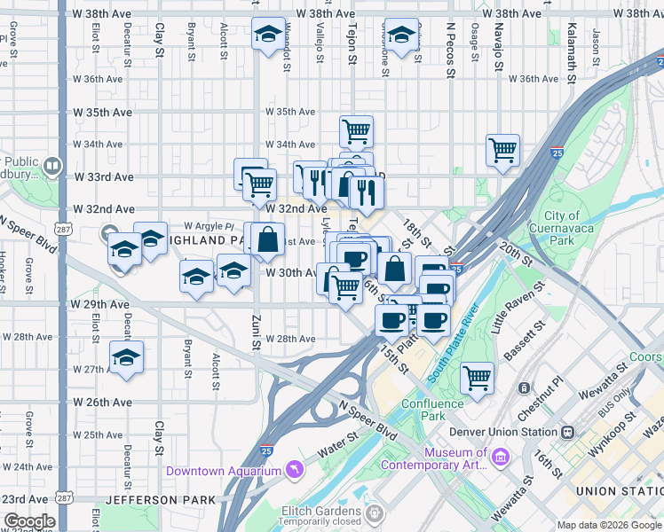 map of restaurants, bars, coffee shops, grocery stores, and more near 2102 West 31st Avenue in Denver
