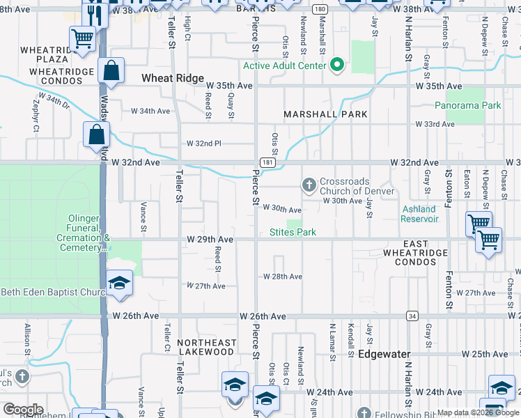map of restaurants, bars, coffee shops, grocery stores, and more near 3070 Pierce Street in Wheat Ridge