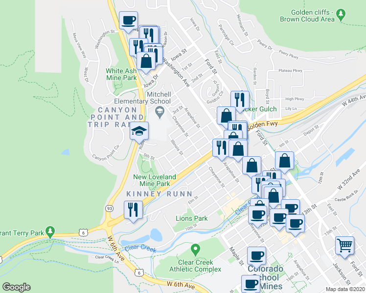 map of restaurants, bars, coffee shops, grocery stores, and more near 422 Cheyenne Street in Golden