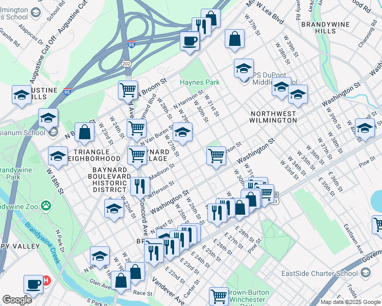 map of restaurants, bars, coffee shops, grocery stores, and more near 2810 North Monroe Street in Wilmington