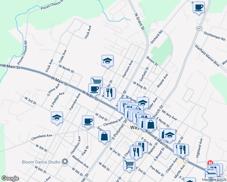 map of restaurants, bars, coffee shops, grocery stores, and more near 246 West North Street in Waynesboro