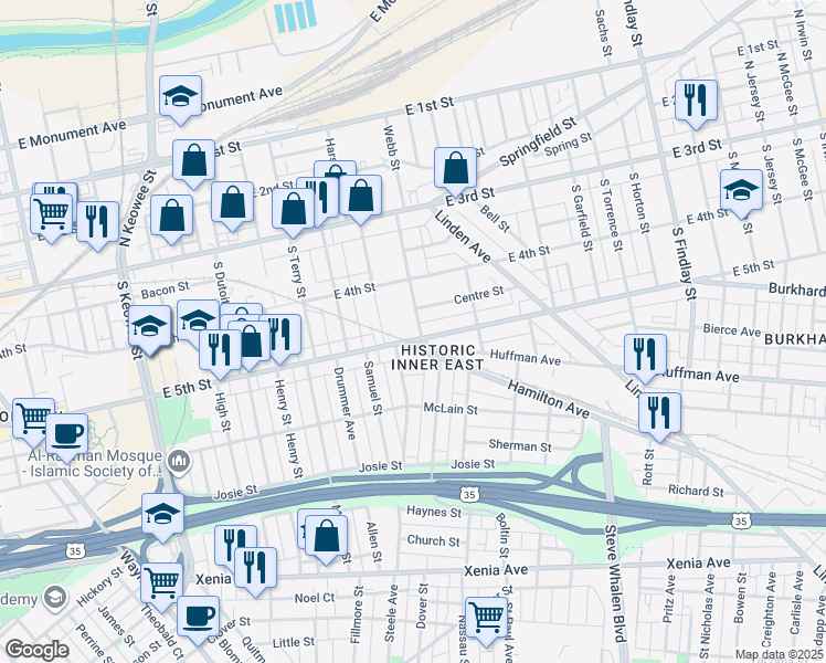 map of restaurants, bars, coffee shops, grocery stores, and more near 8 Centre Street in Dayton