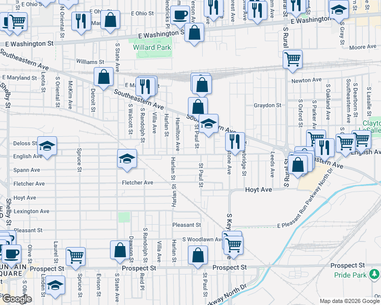 map of restaurants, bars, coffee shops, grocery stores, and more near 441 Saint Paul Street in Indianapolis