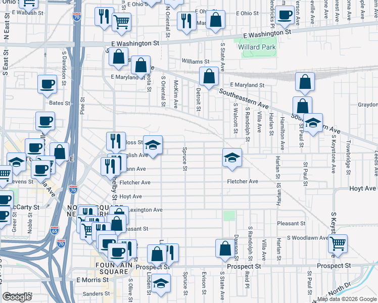 map of restaurants, bars, coffee shops, grocery stores, and more near 1531 Deloss Street in Indianapolis