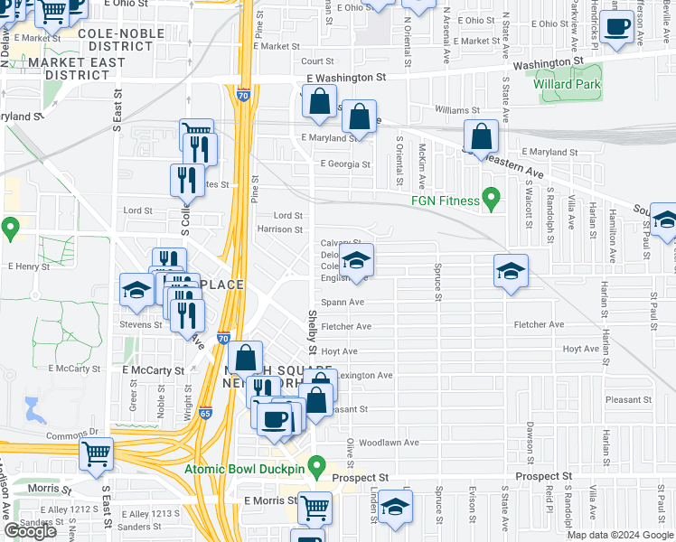 map of restaurants, bars, coffee shops, grocery stores, and more near 1128 Deloss Street in Indianapolis