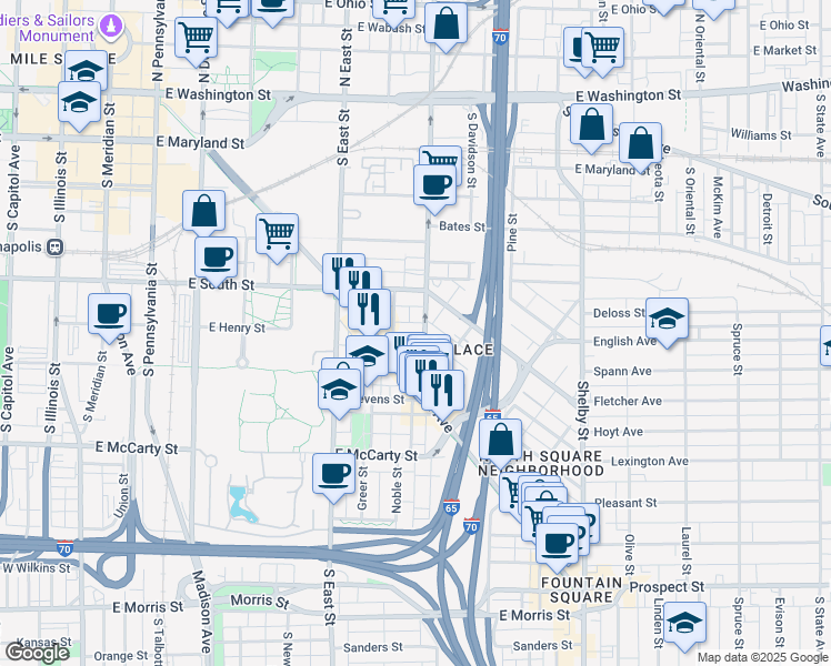 map of restaurants, bars, coffee shops, grocery stores, and more near in Indianapolis