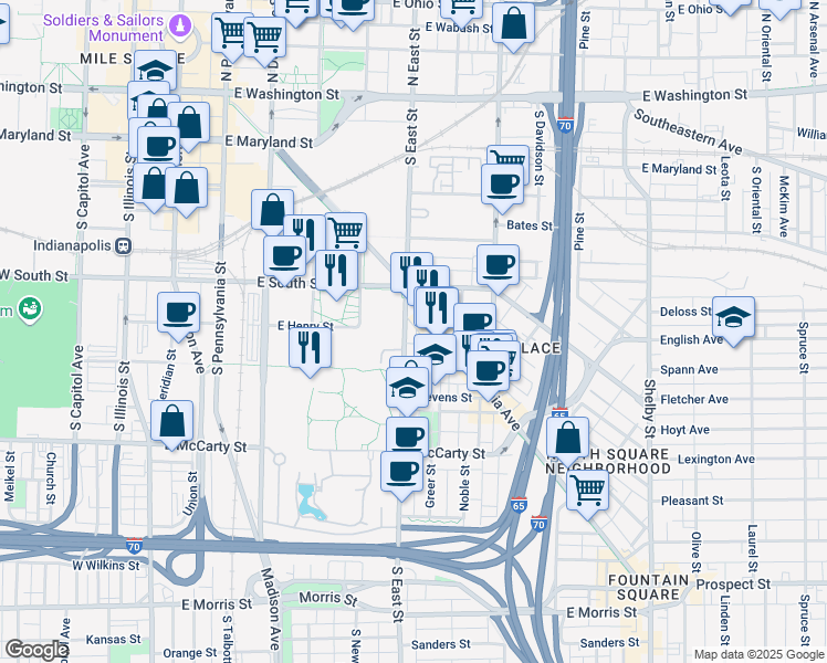 map of restaurants, bars, coffee shops, grocery stores, and more near 411 Virginia Avenue in Indianapolis
