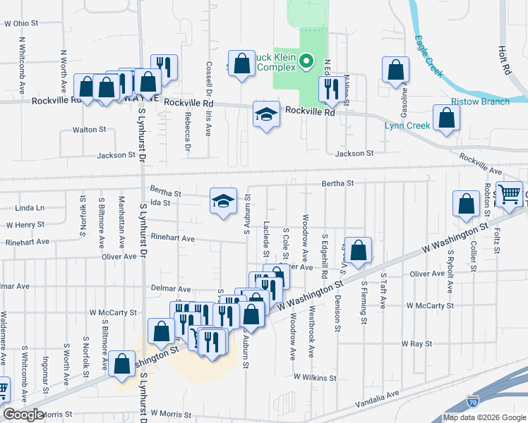 map of restaurants, bars, coffee shops, grocery stores, and more near 315 Laclede Street in Indianapolis