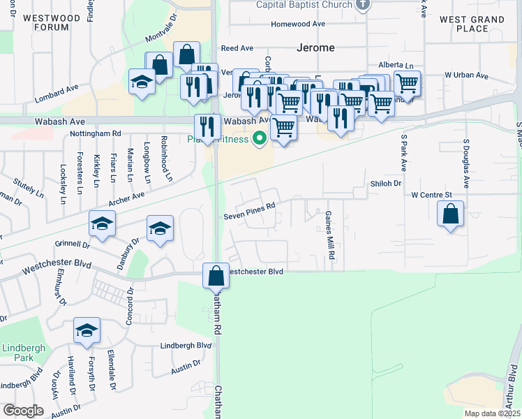 map of restaurants, bars, coffee shops, grocery stores, and more near 1701 Seven Pines Road in Springfield