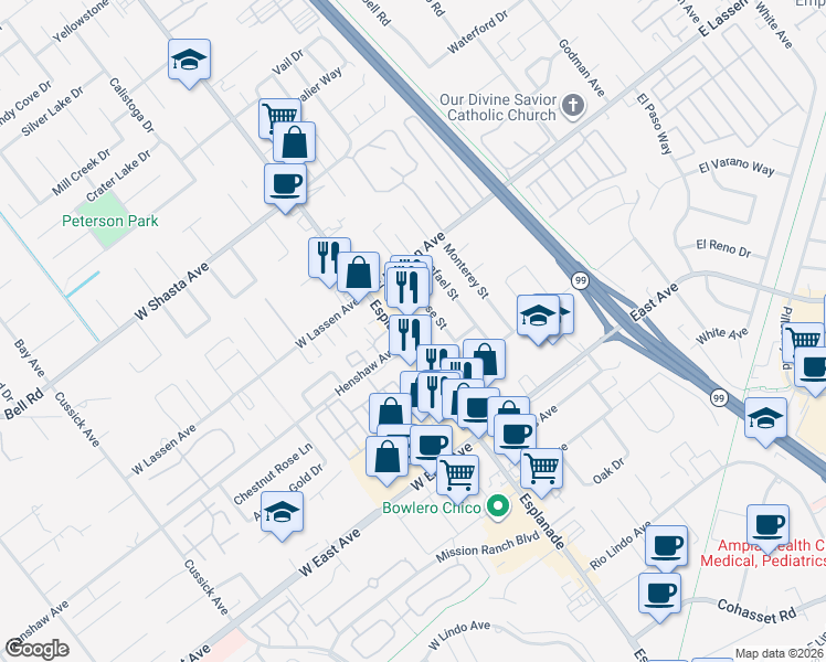 map of restaurants, bars, coffee shops, grocery stores, and more near 2700 Esplanade in Chico