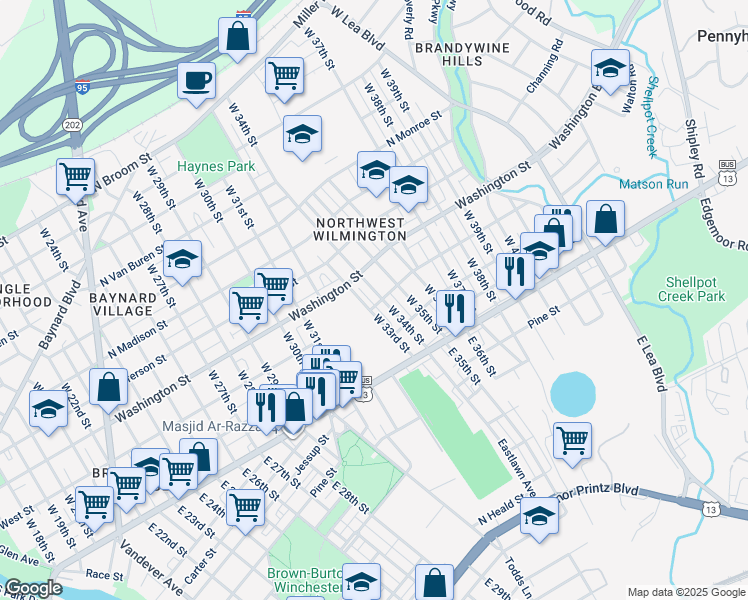 map of restaurants, bars, coffee shops, grocery stores, and more near 206 West 35th Street in Wilmington