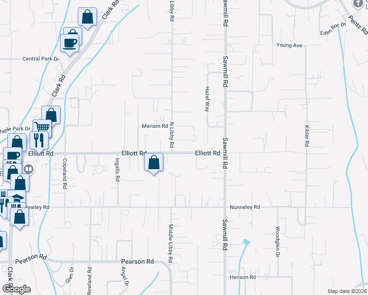 map of restaurants, bars, coffee shops, grocery stores, and more near 5900 North Libby Road in Paradise