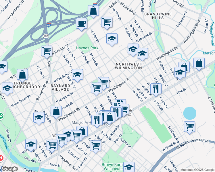 map of restaurants, bars, coffee shops, grocery stores, and more near 310 West 31st Street in Wilmington
