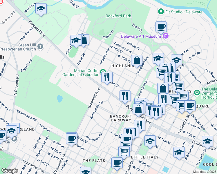 map of restaurants, bars, coffee shops, grocery stores, and more near 1400 Clinton Street in Wilmington