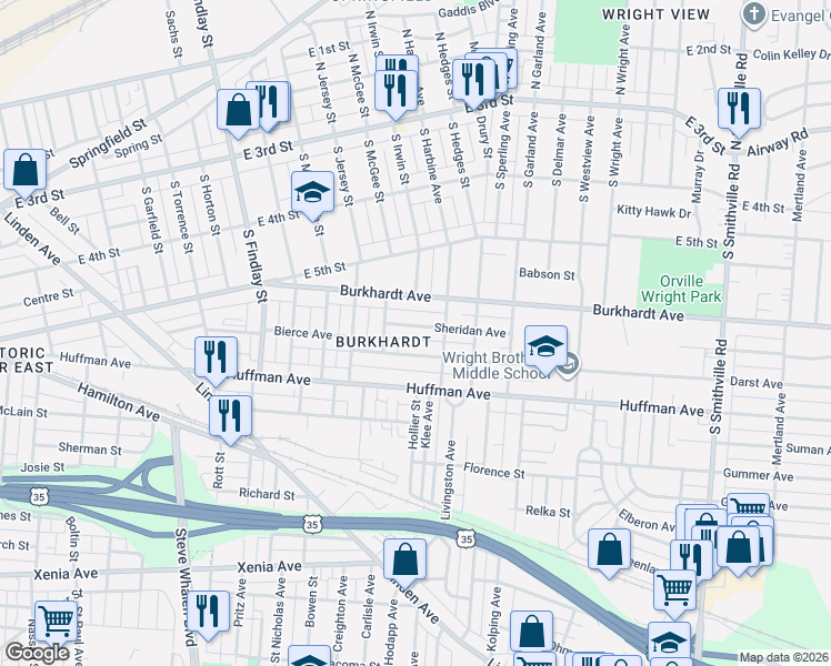 map of restaurants, bars, coffee shops, grocery stores, and more near 339 Sheridan Avenue in Dayton