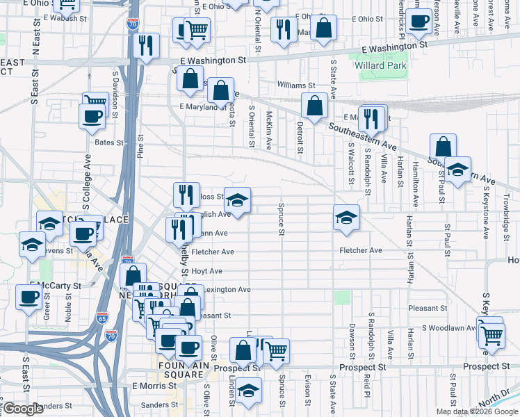 map of restaurants, bars, coffee shops, grocery stores, and more near 1430 Deloss Street in Indianapolis