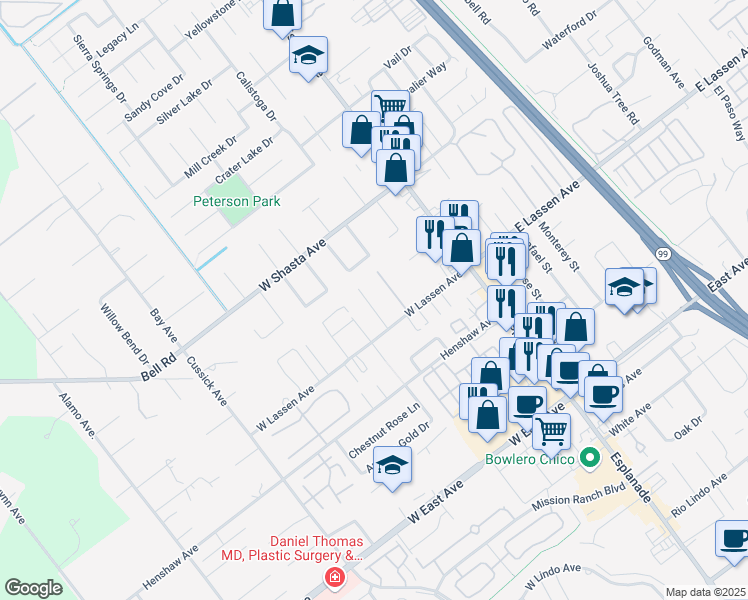 map of restaurants, bars, coffee shops, grocery stores, and more near 2856 Calecita Way in Chico