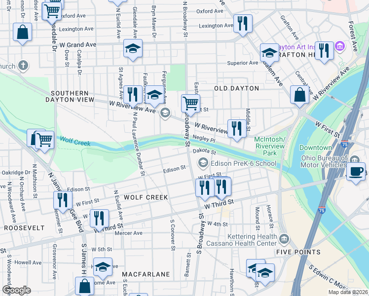 map of restaurants, bars, coffee shops, grocery stores, and more near 721 Negley Place in Dayton