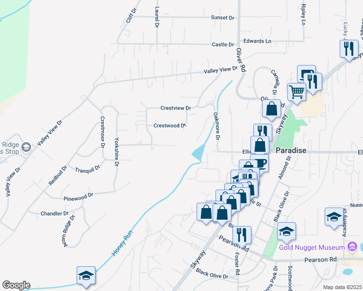 map of restaurants, bars, coffee shops, grocery stores, and more near 527 Nottingham Drive in Paradise